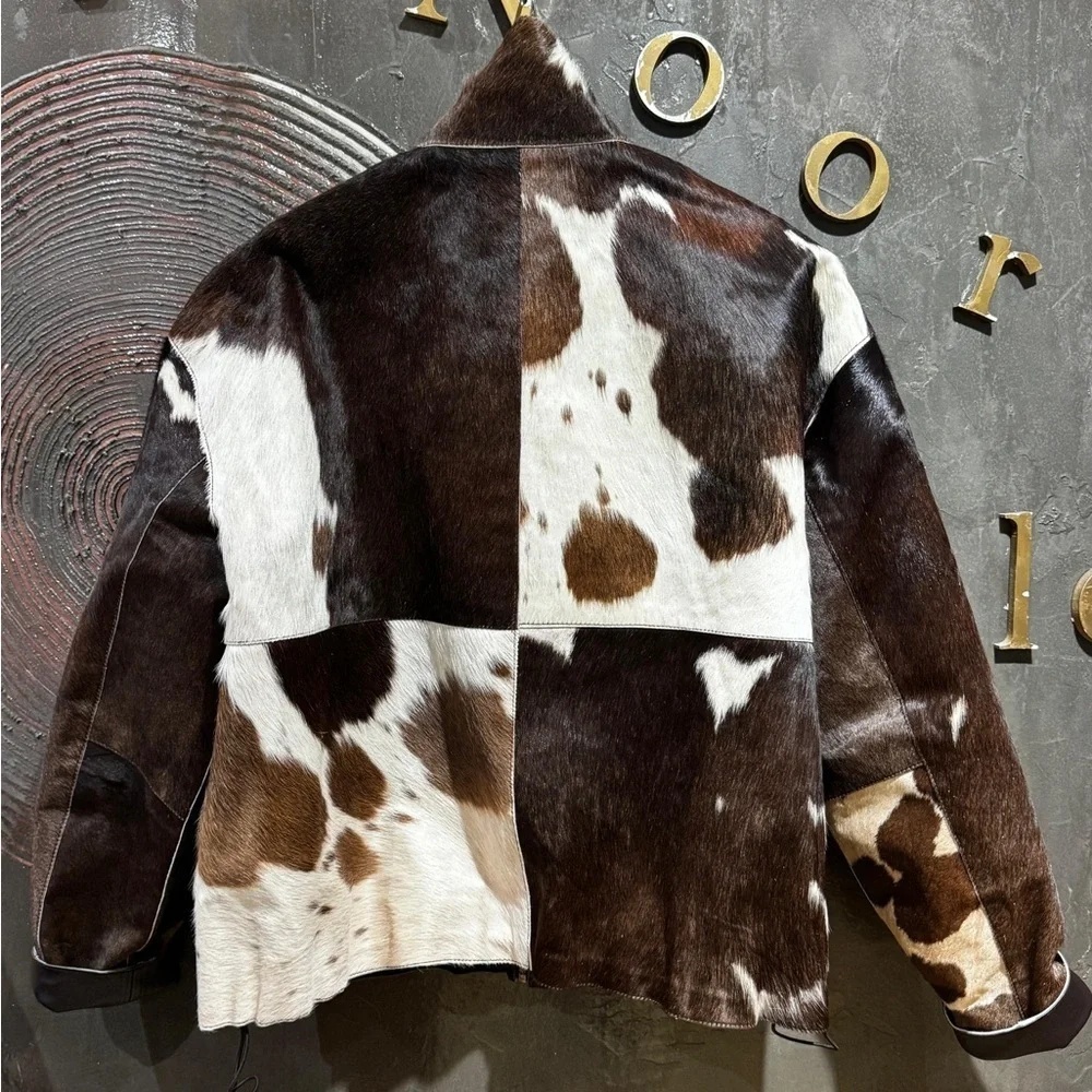 NWT Women's cow print calf hair western Brown and White genuine leather Jacket - Picture 7 of 15
